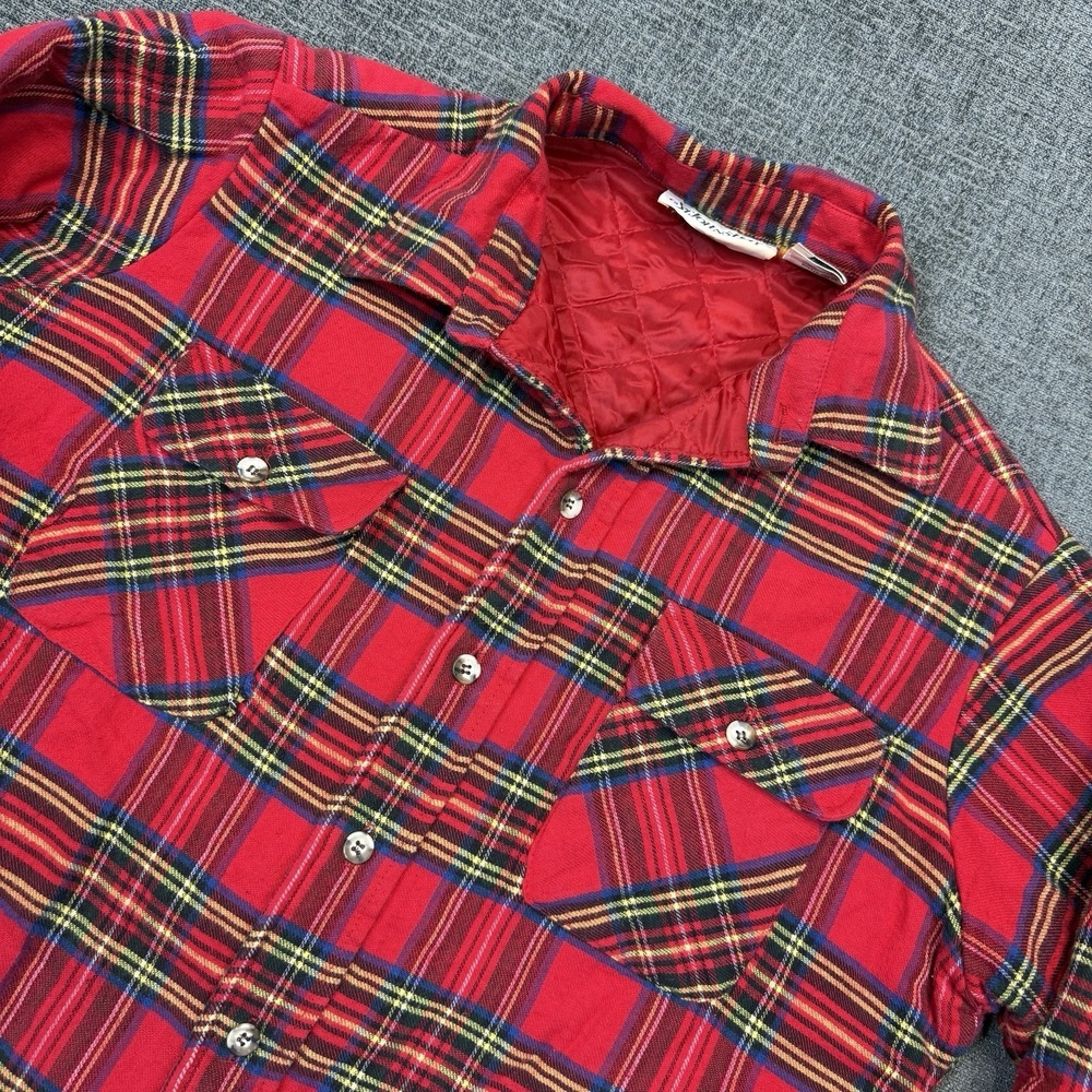 Vintage St‎ Johns Bay Mens LT Quilt Lined Flannel Shacket Red Plaid Made USA